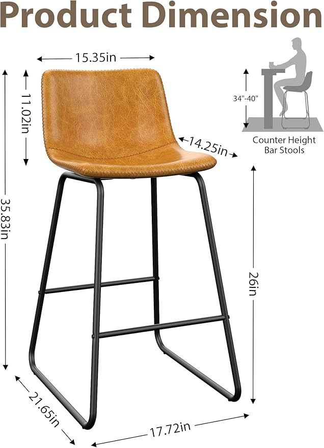 Bar Stools Set of 6, 26 Inches Counter Height Bar Stools with Back, Modern Faux Leather Barstools with Metal Legs and Footrest, Bar Chairs for Kitchens Island (Whiskey Brown)