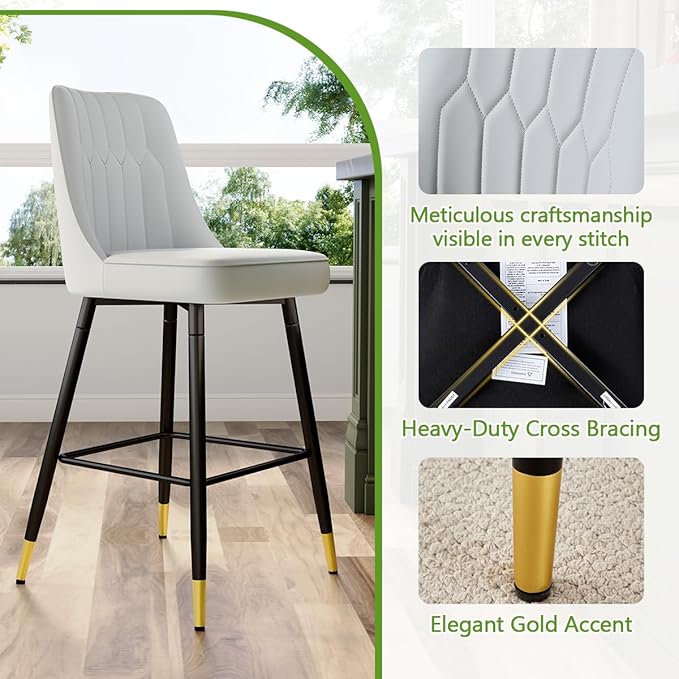 27" Bar Stools Set of 4 - Grey Counter Height Bar Stools Set of 4,Faux Leather Kitchen Island Stools with Sturdy Chrome Metal Leg,Counter Height Stools with Backs,Easy to Assemble