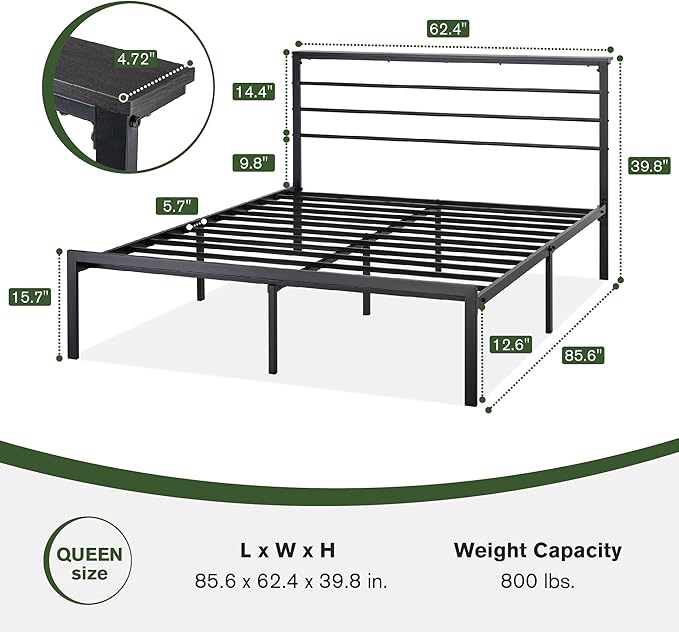 MUTICOR Queen Size Metal Platform Bed Frame with Shelf Headboard, No Box Spring Needed, Easy Assembly, Black Shelf