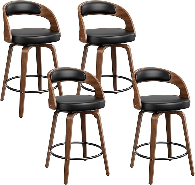 Bar Stools Set of 4, 26" Swivel Counter Height Bar Stools with Bentwood Legs and Back, Mid Century Modern Faux Leather Upholstered Counter Stools for Kitchen Island, Bar, Restaurant, Black
