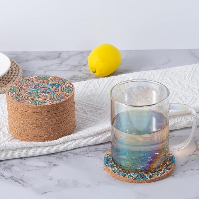 Coasters for Drinks 12 pcs Absorbent Cork Coasters with Turkish Mandala Pattrn for Coffee Table Housewarming Gifts for New Home Present for Friends, Living Room Decor, Apartment Decor