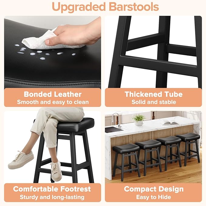 Counter Height Bar Stools Set of 3, 24 Inch Barstools for Kitchen Counter, Kitchen Stools with Bonded Leather Saddle Seats & Heavy Duty Metal Legs, Easy Assembly, All Black