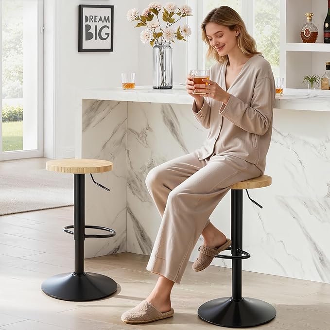 Bamboo Backless Bar Stools Set of 2, Swivel Bar Stools, Adjustable Bar Stools, Modern Bar Stools with Hard Seat, Backless Counter Height Barstools for Kitchen Island, Cafe, Dining Room, Black