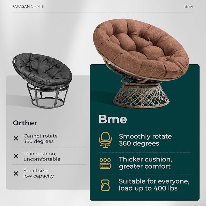 Bme 40" Ergonomic Wicker Papasan Chair with Soft Thick Cushion & Frame, 360° Swivel, Circle, Reading, Comfy Chair for Living Room, Bedroom