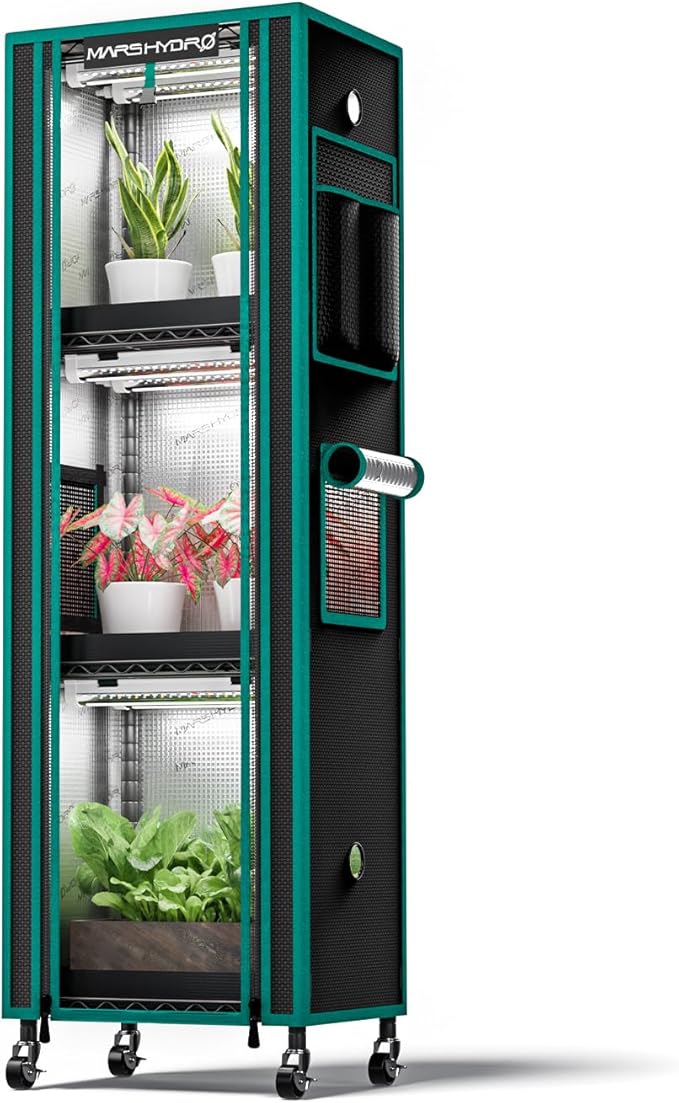 MARS HYDRO 2025 Plant Stand with Grow Lights 4-Tier Plant Shelf with 6 Full Spectrum LED Lamps (54W, 12‘’) & Grow Tent Mini Greenhouse for Vegetables, Seedlings, Plant Growth 5000K, 16x12x47''