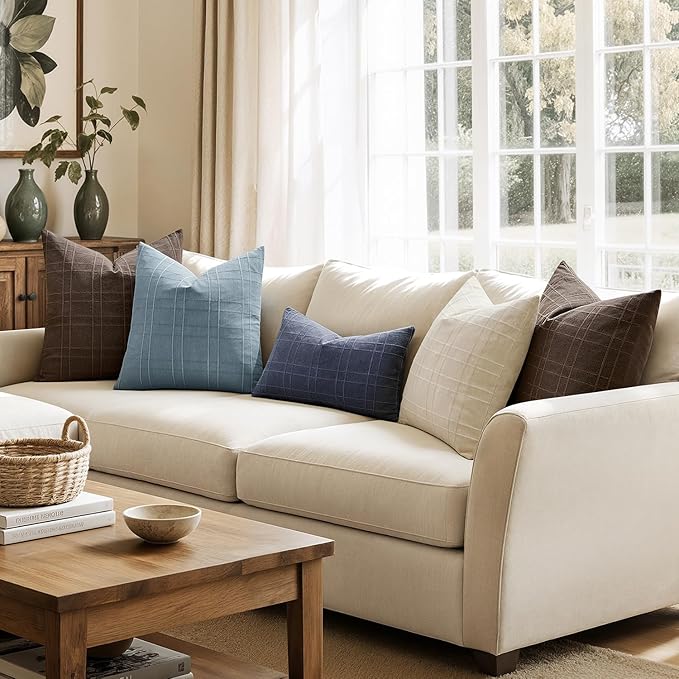 MIULEE Decorative Linen Check Throw Pillow Covers Neutral Farmhouse Vintage Pillow Covers 20x20 Set of 2 Boho Modern Home Decor for Sofa Couch Bedroom Cushion Navy Blue