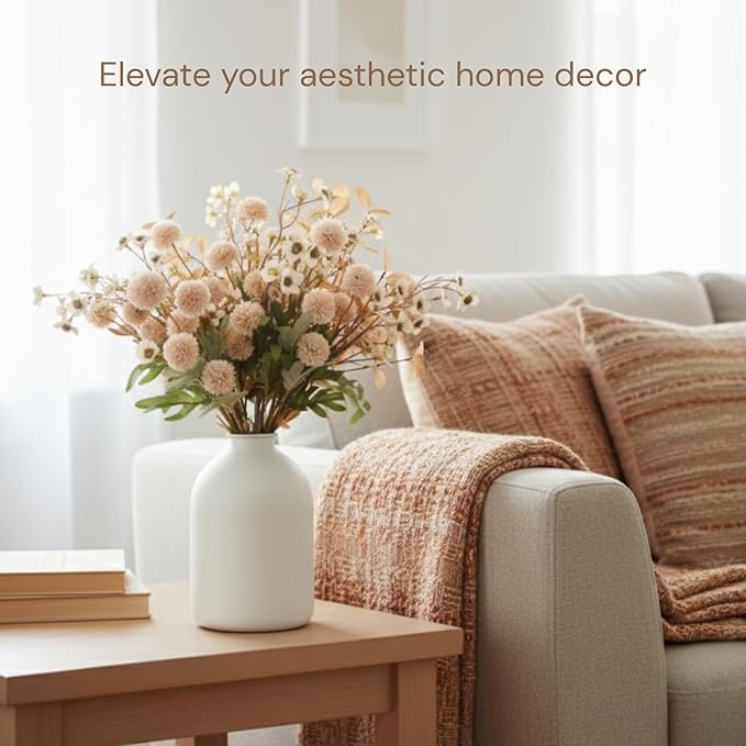 Beige Silk Flower Arrangements For Home Decor, Large Floral Centerpieces For Tables, Fake Mums + Eucalyptus + Wild Flowers in Bulk, Long Stem Artificial Flowers Coffee Dining Table, Faux Mums Flowers