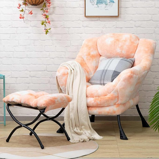 HollyHOME Faux-Fur Lazy Chair with Foldable Ottoman, Accent Comfy Lounge Arm Chair and Folding Footrest Stool Set, Leisure Sofa Reading Chair and Footstool for Living Room, Bedroom, Orange&White