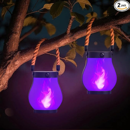 Hompavo Gen2 Solar Lanterns Outdoor Waterproof with Realistic Flickering Flame, Dual Charging (USB/Solar) & 2 Modes - Decorative Hanging/Table Lights for Patio Garden Porch Halloween Decor, 2/Purple
