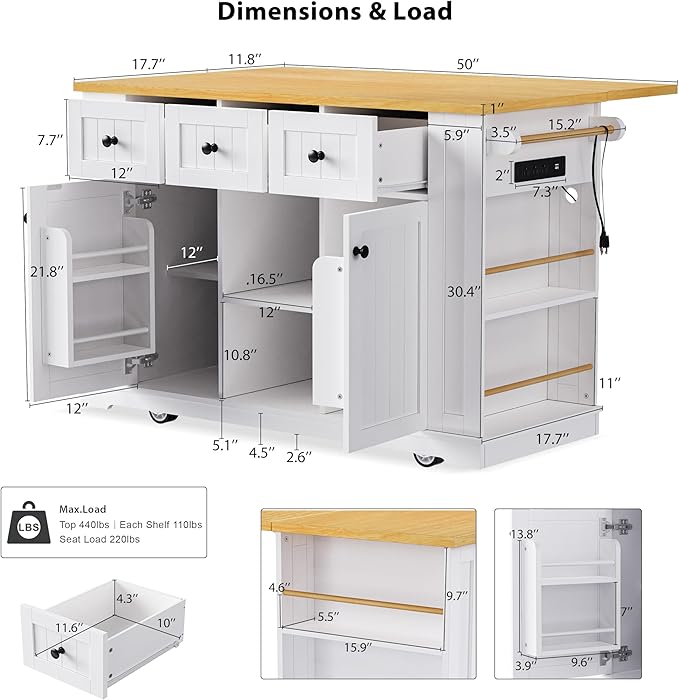 Merax 53" Kitchen Cart Island on Wheels with Power Outlet,Drop Leaf,3 Drawers and 5 Open Side Racks,Wood Storage Cabinet