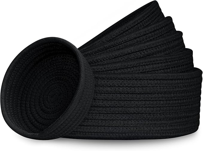 Small Shelf Storage Baskets for Organizing, 6 Pack Round Cotton Rope Bins, Decorative and Cute Woven Baskets for Bedroom and Closet, Key Tray Bowl, Home Decor Countertop Organizer (Black)