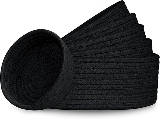 Small Shelf Storage Baskets for Organizing, 6 Pack Round Cotton Rope Bins, Decorative and Cute Woven Baskets for Bedroom and Closet, Key Tray Bowl, Home Decor Countertop Organizer (Black)