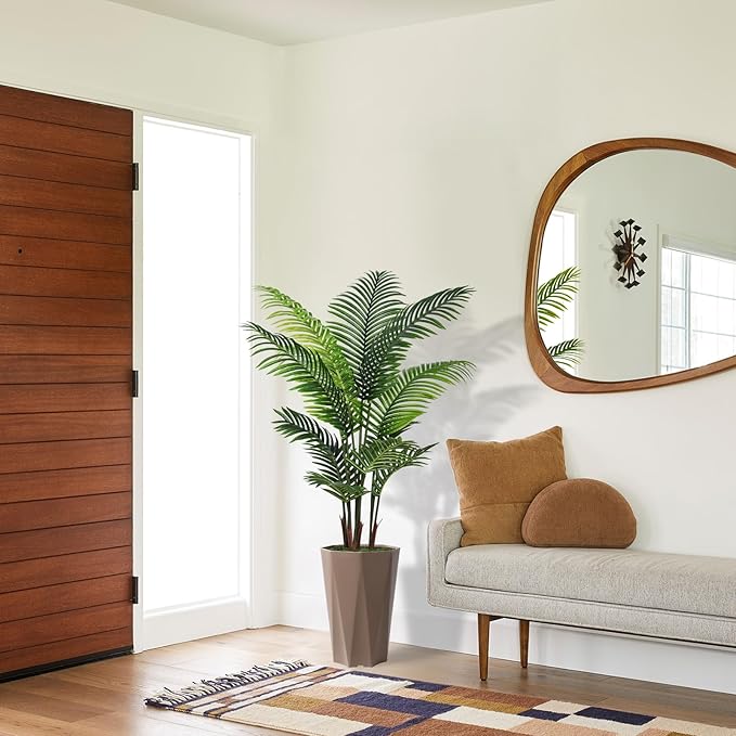 Artificial Palm Plant Indoor 5FT Fake Tree with Mocha Diamond Planter Faux Tropical Areca Tall Fake Floor Plant Potted Artificial Trees for Home Office Living Room Decor Indoor