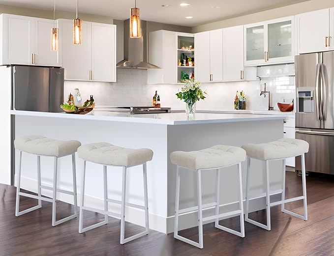 White & Beige Counter Height Bar Stools Set of 6 for Kitchen Counter Modern Backless Barstools with Upholstered Faux Leather Seat and Metal Frame Industrial 24 inch Bar Chairs