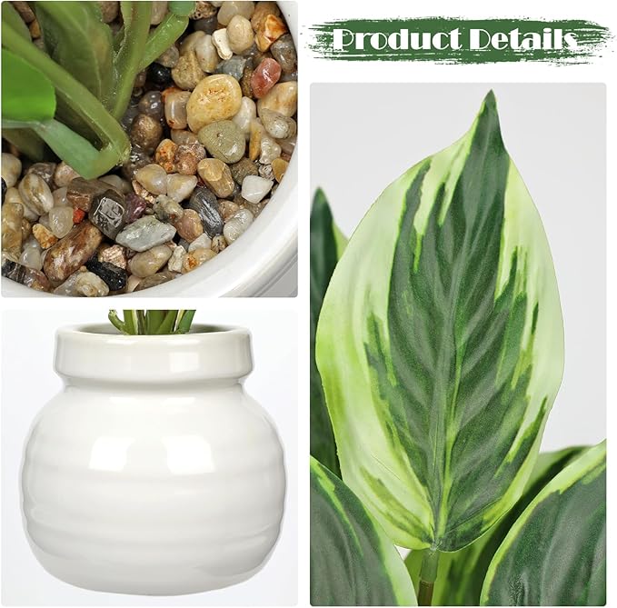 Small Fake Plants Indoor 11 Inch Potted Plant Artificial Decor 10 Leaves Faux Plant with White Ceramic Pot Silk House Plants for Home Office Bathroom Kitchen Farmhouse Table Centerpieces Shelf Decor