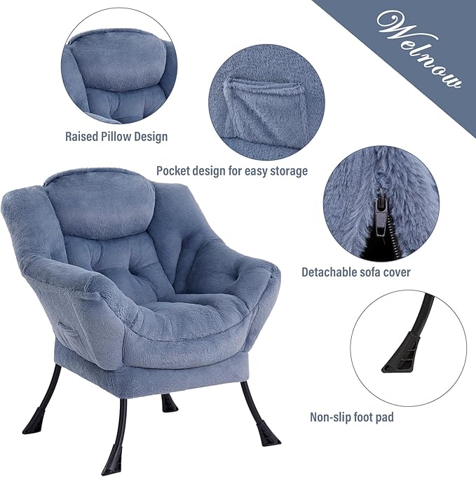 Welnow Lazy Chair with Ottoman, Modern Lounge Accent Chair with Armrests and a Side Pocket, Leisure Sofa Armchair Set, Reading Armchair with Footrest for Small Space, Plush Light Blue