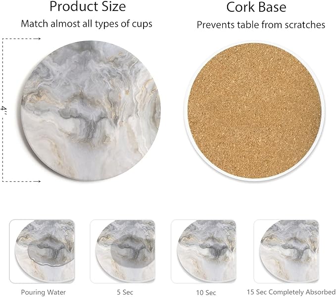 Set of 6 Abstract Gray White Marble Coasters with Holder, Absorbent Ceramic Coasters for Drinks, Coasters with Cork Backing for Table Protection, Housewarming Gifts for New Home