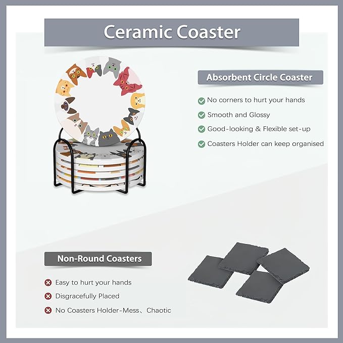 6 Pcs Coasters for Drinks with Holder,Cute Cats and Dogs Absorbent Coaster with Cork Backing,Great Gift for Housewarming,Room Decor,Bar,Holiday Party