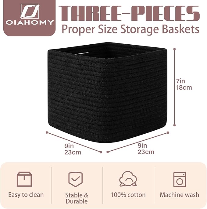 OIAHOMY 9”x9”x7” Storage Cubes, Cotton Rope Woven Baskets for Organizing, Cube Storage Bin, Small Gift Basket for Shelf, 3-Pack, Black
