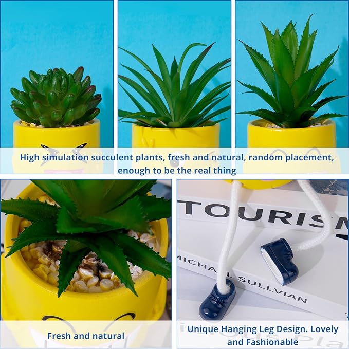3Pcs Cute Fake Plants Small Potted Succulents with Yellow Pot, Creative Artificial Succulent Plants in Hanging Leg Fun Pot, Mini Vibrant Faux Plant for Home Office Desk Decor and Gift Choice