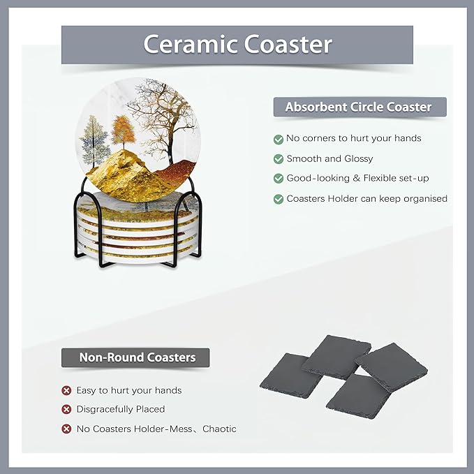 Drink Coasters Set of 6 with Holder,Golden Deer Forest Mountain Absorbent Ceramic Coasters with Cork Base,Fit All Cups,Tabletop Protection Mat for Mugs and Cups,Office,Kitchen