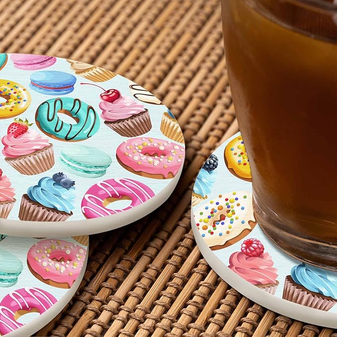 Sweets Ornament Table Coasters for Drinks Cupcake Dessert Cream Bake Cake Donut Pastry Macaron Chocolate 100% Diatomite Home and Dining Room Bar Decor 4 X 4 X 0.35 Inch for Men Women