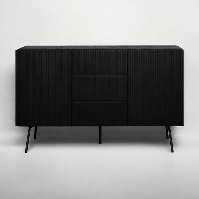 NTC Veil Sideboard with 2 Doors and 3 Drawers, Buffet Cabinet with Vertical Groove Design and Metal Legs, Storage Cabinet for Living Room, and Entryway, Effortless Assembly - Burnt Black