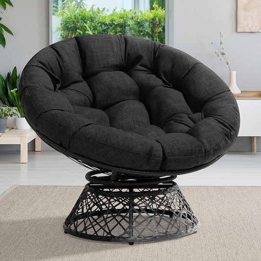 Bme 40" Ergonomic Wicker Papasan Chair with Soft Thick Cushion & Frame, 360° Swivel, Circle, Reading, Comfy Chair for Living Room, Bedroom