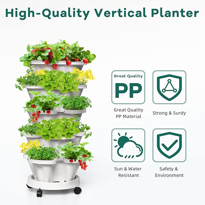 Strawberry Vertical Planter, 5 Tiered Stacking Garden Tower, Stackable Herb Vegetable Planters with Support Pole Indoor and Outdoor - Black