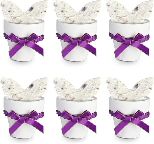 Set of 6 Seed Paper – 6 Purple Butterflies & 6 White Pots with Bow for Baby Shower, Gender Reveal, Birthday, & Other Milestone Celebrations