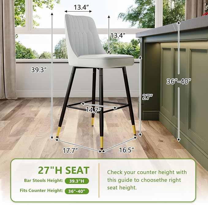 Grey Bar Stools Set of 6,27" Counter Height Bar Stools Set of 6,Faux Leather Counter Stools with Soft Padded Seat & Curved Backrest,Modern Kitchen Island Chairs for Dining Café