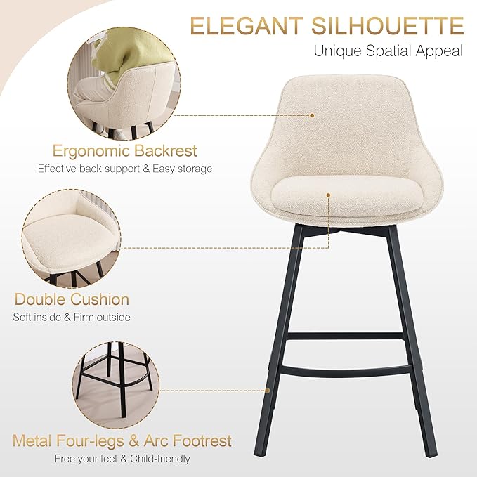 Zesthouse Swivel Bar Stools Set of 3, Modern Counter Height Barstools with Backs, 26'' Upholstered Linen Fabric High Chairs for Island Kitchen, Counter Height Chairs with Metal Legs, Beige
