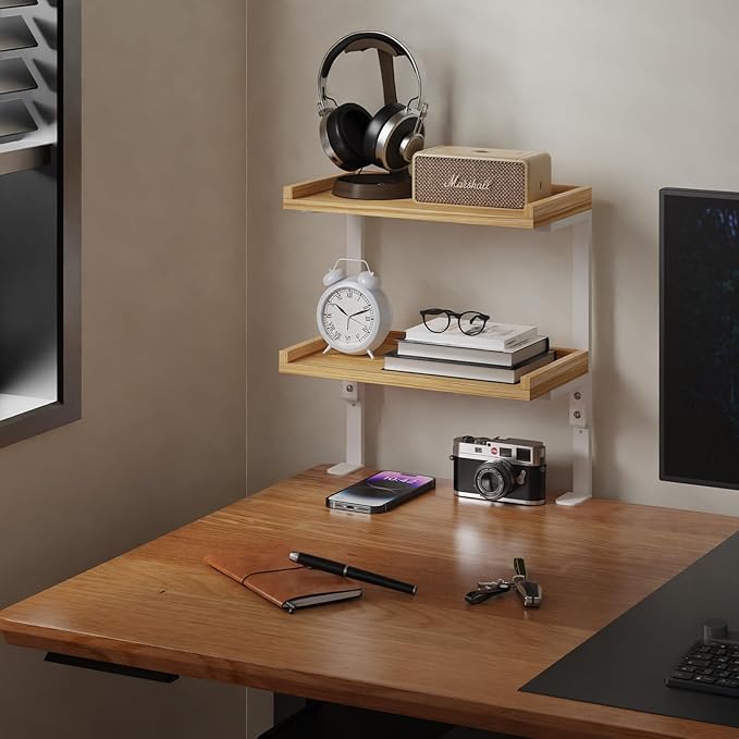 Clamp On Desk Shelf 2-Tier, 12.5 inch Wood Shelving Unit for Office Desk/Gaming Accessories, Tabletop Book Storage Rack, Shelf for Top & Under of Desk, Natural