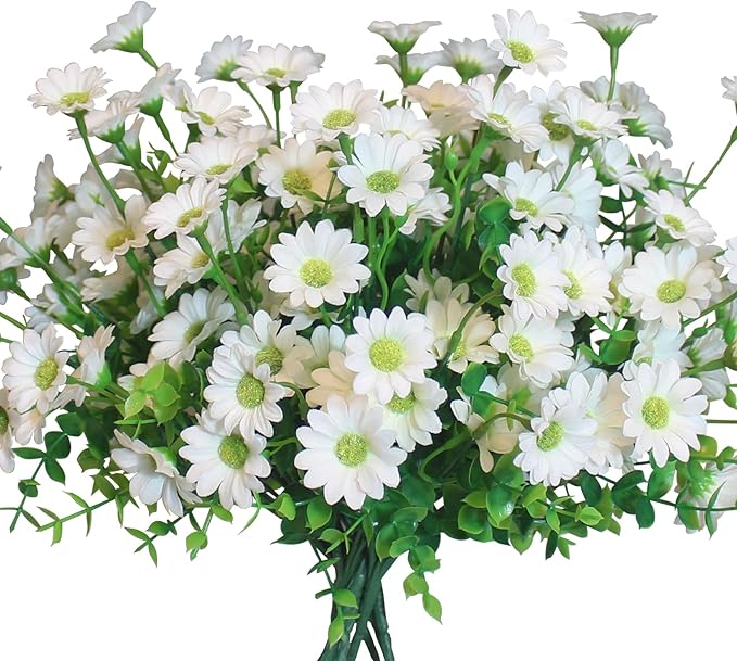 alyptus Fake Flowers for Outdoors 8 Bundles White Silk Artificial Sunflower Plants Faux Greenery for Wedding Home Garden Window Box Outdoor Planters Decor (White Fake mums)