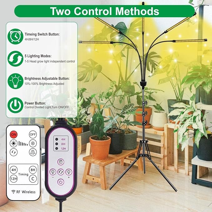 5-Head Adjustable LED Lights, Full Spectrum Grow Lamp with Timer, Warm White Light for Indoor Plants