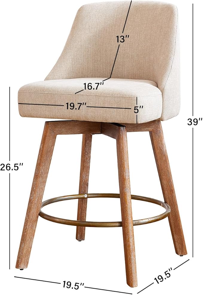 IWOOD Mid Century Modern Counter Height Bar Stools Set of 2,360° Swivel Barstools with Solid Wood Legs,26'' Island Chairs with Wrap-Around Backrest,Sand Linen Comfort Fabric