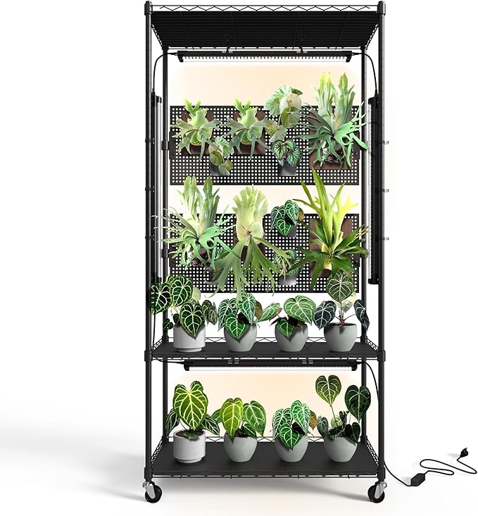 Bstrip Plant Shelf with Grow Light & Pegboard, Metal Plant Stand with Adjustable Rack and Wheels, 4 x 24W Full Spectrum Grow Light Strip for Indoor Plants, Foliage Plants, Seedling, 29.5"x13.8"x59"