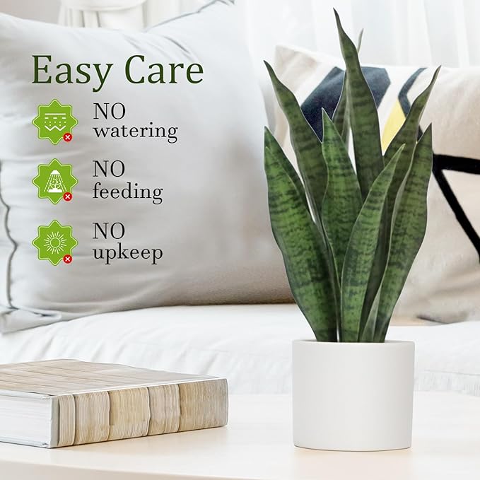 Faux Plants, Artificial Snake Plant Set of 2, Faux Snake Plant with Pure White Ceramic Pots, Fake Sansevieria for Home Decor Indoor, Office, Living Room, Housewarming Gifts