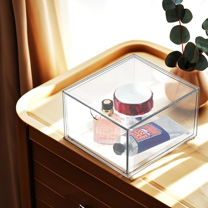 Clear Drawer, Arclic Box, Makeup Organizer Container, 6,5" Storage Drawer for Bathroom Dresser Vainty, Tissue Dryer Sheet Holder Disposable Face Towels Organizer, Light Gray