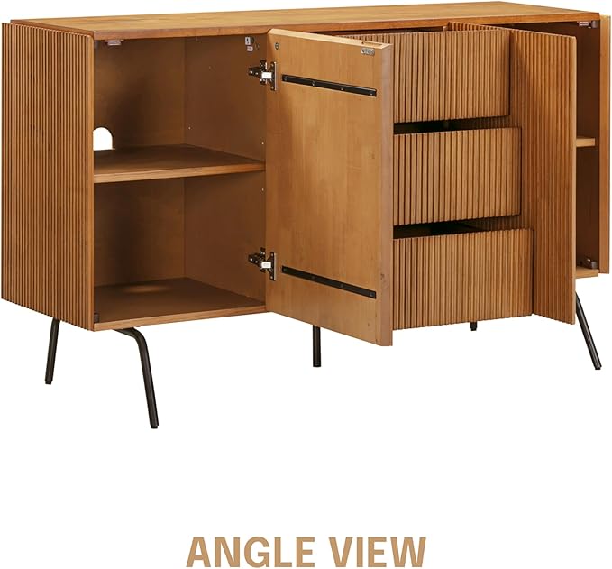 NTC Veil Sideboard with 2 Doors and 3 Drawers, Buffet Cabinet with Vertical Groove Design and Metal Legs, Storage Cabinet for Living Room, and Entryway, Effortless Assembly, Teak Look