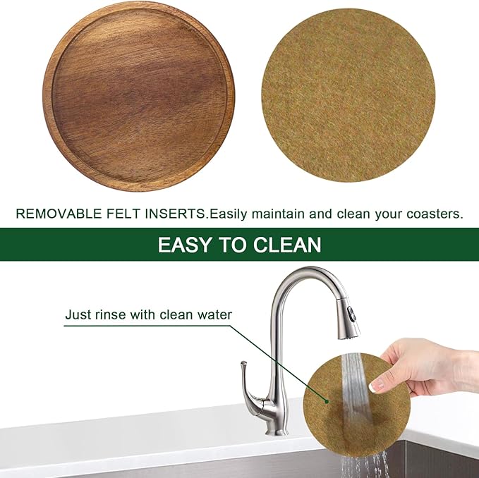 5 Pack Brown Wooden Coasters with Felt Pads, Non-Slip, Non-Stick, Absorbent, Round, 4.3 Inch, Perfect for Coffee Tabletop Protection