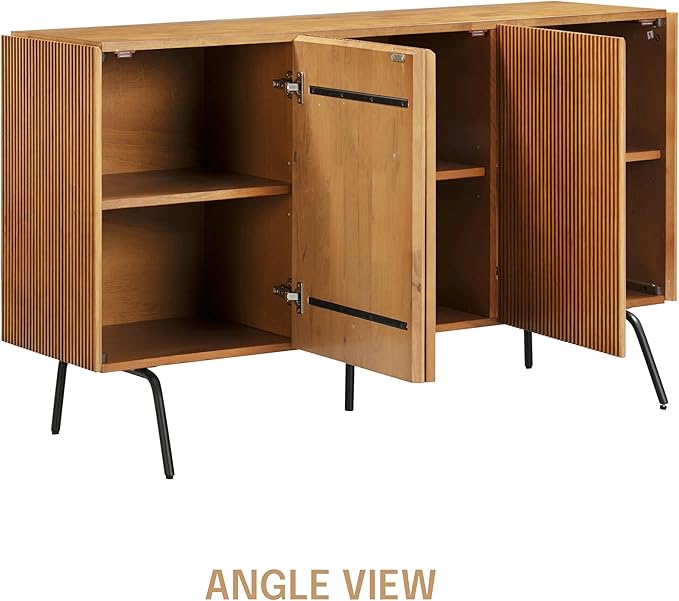 NTC Veil Modern Sideboard with 3 Doors, Buffet Cabinet with Vertical Groove Design and Metal Legs, Storage Cabinet for Living Room, and Hallway, Effortless Assembly, Teak Look