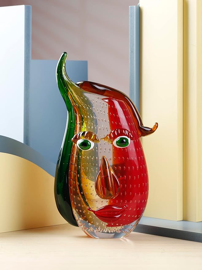 Yao Yuan Murano-Style Art Glass Vase with a Face - 12.6" Tall Mouth-Blown Artistic Sculpture with Vibrant Colors & Accents - Rich Colored Home Décor