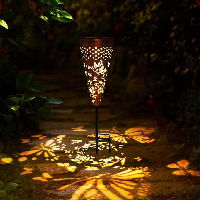 Butterfly gifts for women,2 Pack Solar pathway Lights Outdoor,Metal Garden decorations outdoor Lights with Patterns and Warm Light,Waterproof landscape lighting for Path Patio Backyard Walkway Yard