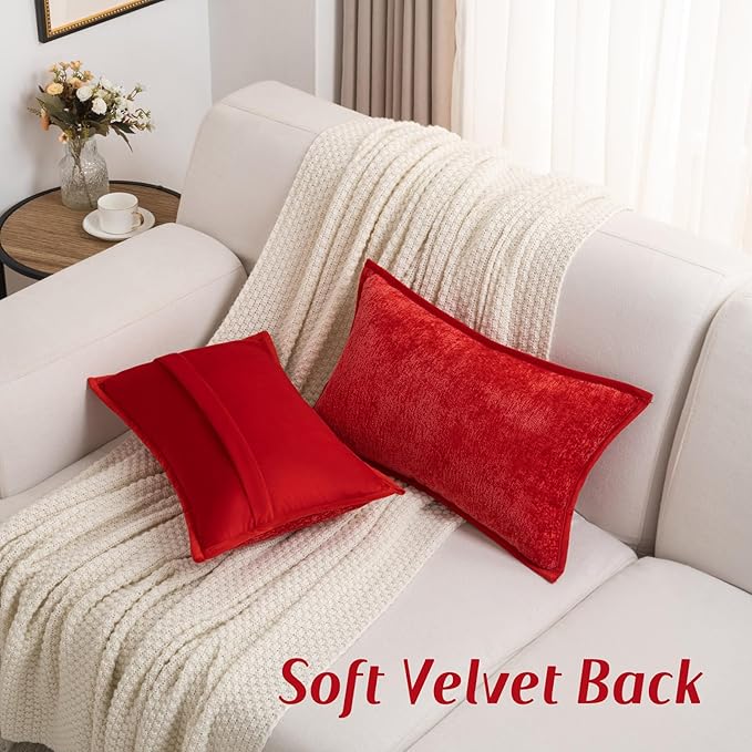 FUTEI Red Chenille Throw Pillow Covers 12x20 Inch Set of 2,Soft Cozy Bound Edge Design Lumbar Pillow Cases,Home Decor for Couch Bed Living Room