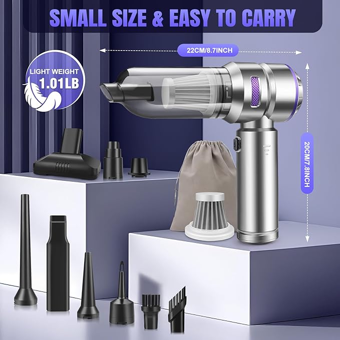 Mini Car Vacuum Cleaner,20000PA 4-in-1 Cordless Handheld Vacuum Cleaner with 6000mAh Battery Brushless Motor Hand Held Vacuum Air Duster & Air Blower & Pump for Car,Office and Home Cleaning
