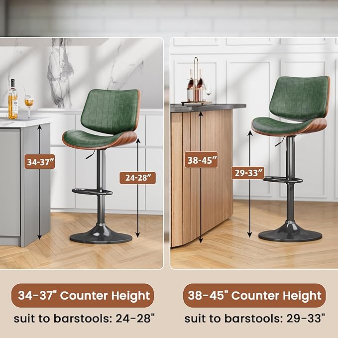 Swivel Bar Stools Set of 3, Adjustable Bentwood Barstools for Kitchen Counter, Modern PU Leather Upholstered Bar Chair with Back and Footrest, for Kitchen Island, Bar, Dining Room, Green