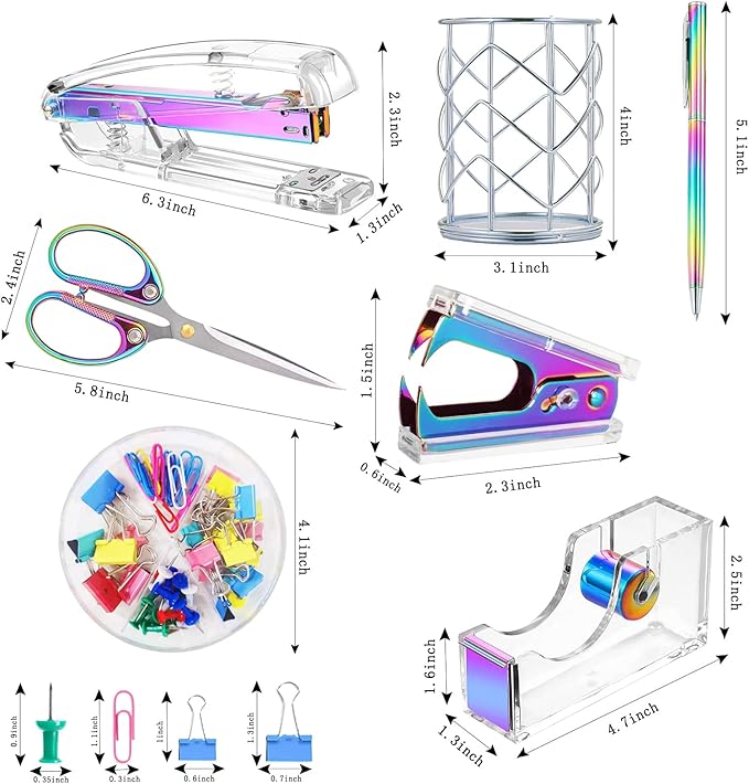 Famassi Dream Color Acrylic Stapler and Tape Dispenser Set, Office Supplies with Tape Dispenser, Stapler Remover, 2 Ballpoint Pen, Scissor, Binder Clips, Paper Clips and 1000pcs Staples