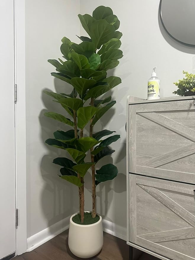 GarveeHome 5FT Faux Fiddle Leaf Fig Tree with White Pot, Faux Trees with Artificial Plants 56 Fiddle Leaves Greenery - Lifelike Fake Tree for Home Office Store Room Decor Indoor Outdoor