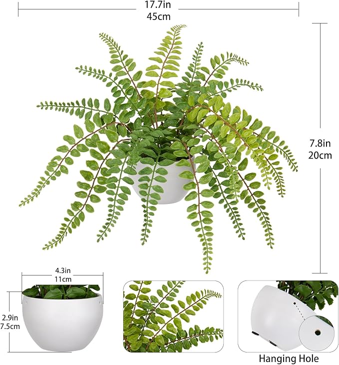 Hollyone Artificial Fern Potted Plant for Outdoors Indoors - Lifelike Faux Boston Fern in White Pot for Garden, Patio, Home, Farmhouse, Windowsill, Office, Living Room, Desk Decoration